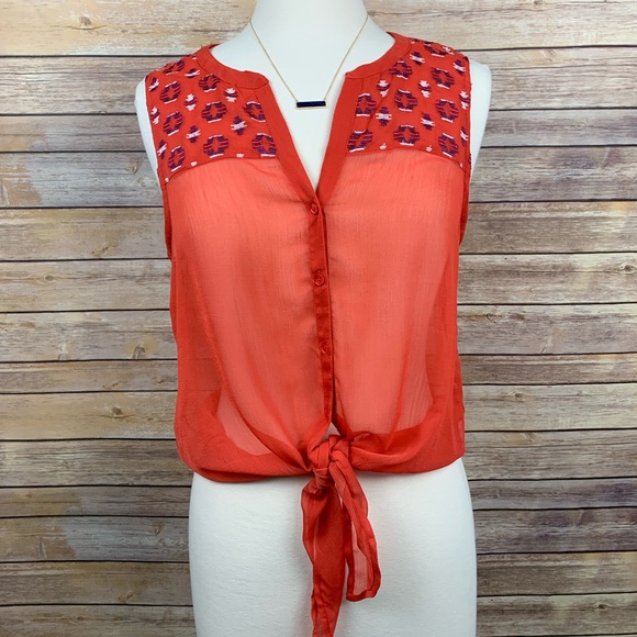 Lucky Brand Tops - Lucky Brand M Red Embroidered Sheer Blouse Slvlss